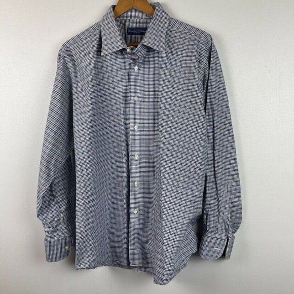 Executive Tom James Men XL Long Sleeve Button Front Shirt Blue Brown Micro Check - Picture 2 of 7
